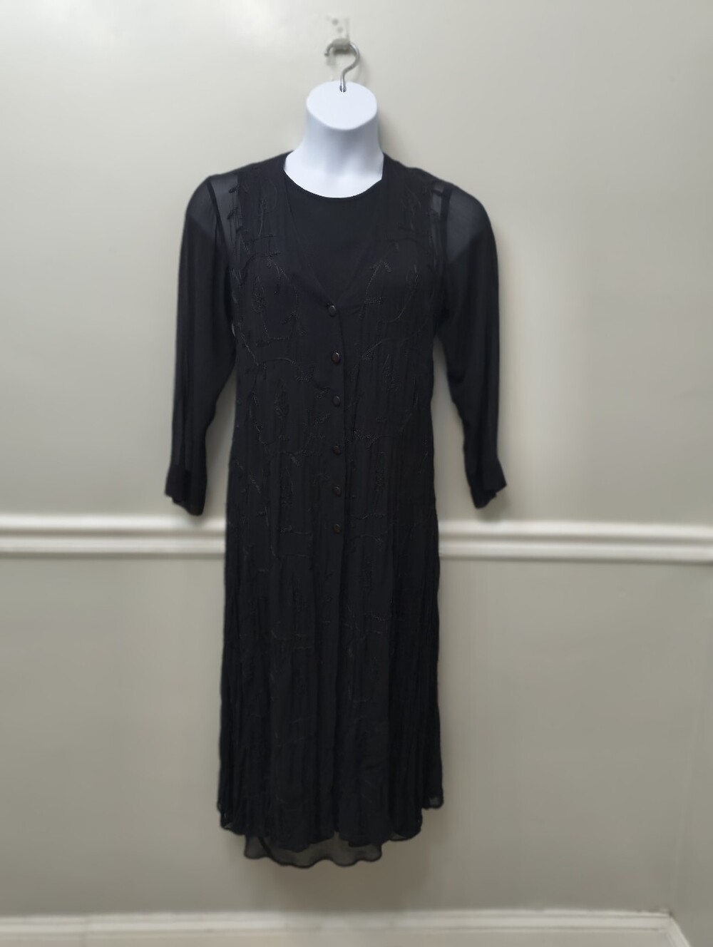 Vtg. 90s Paradiso Black 2PC  Dress Set L Whimsigoth Embroidered Sheer Duster